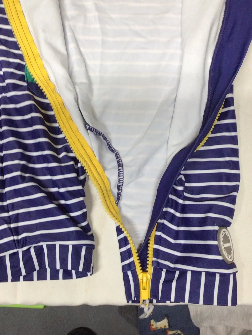 Kids' Navy & White Striped One-Piece with Green Accents.  Wetsuit please read